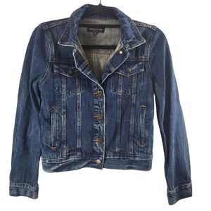 J. Crew Indigo Denim Jacket XS Womens Button Front Blue Dark Wash Coat Long Slee